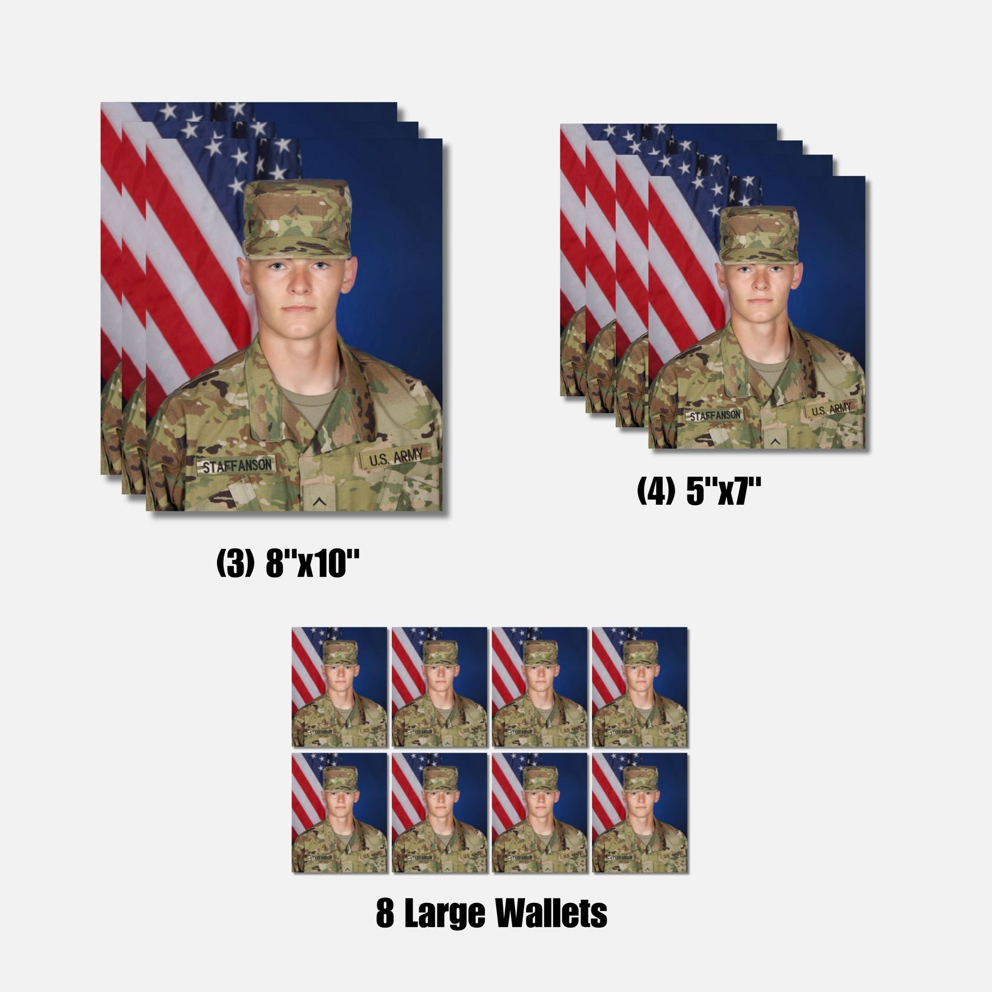 Collection of various OCP photo prints featuring an American flag and a soldier in uniform.