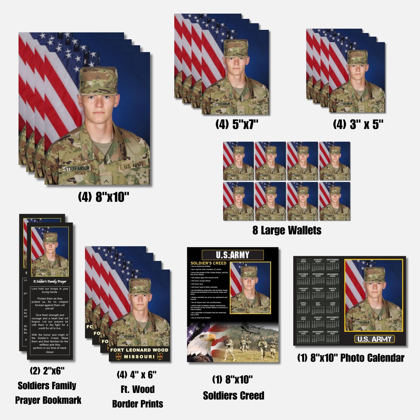 Collection of U.S. Army OCP products including prints, wallets, and a photo calendar.