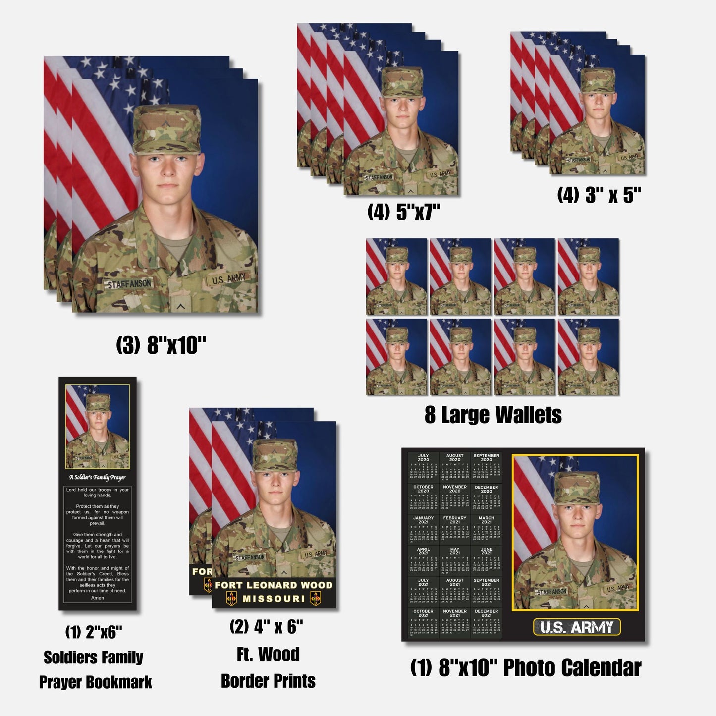 Collection of OCP portrait prints featuring a military-themed design with a soldier and American flag.
