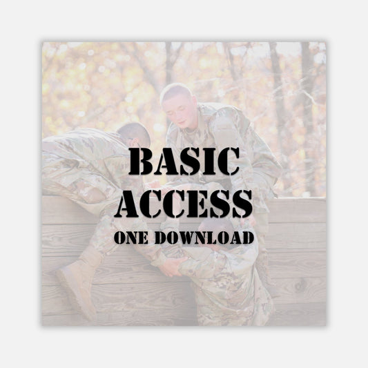 Two people in camouflage sitting on a log with 'Basic Access One Download' text overlay.